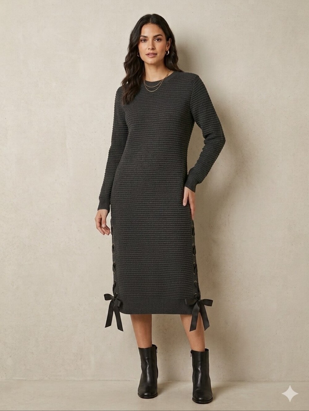 Ribbed Knit Midi Dress with Side Tie Detail